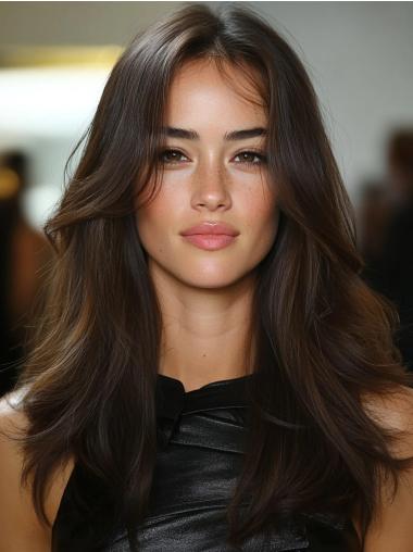 Long Brown Wig 20" Lace Front Remy Human Hair Straight Layered Wigs