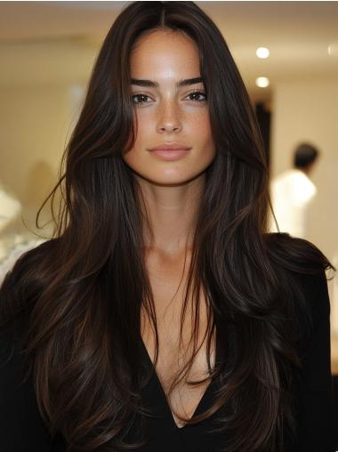 Long Black Wig Straight 28" Synthetic Lace Front Without Bangs Wigs