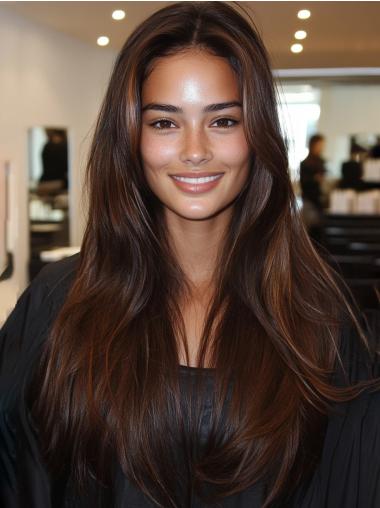 Long Wigs Human Hair Straight Without Bangs Auburn Lace Front 26" Wigs