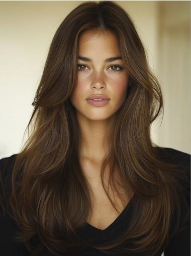 Long Brown Wig 24" Lace Front Synthetic Straight Layered Wigs