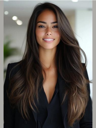 Long Brown Wig 28" Monofilament Remy Human Hair Straight Without Bangs Wigs