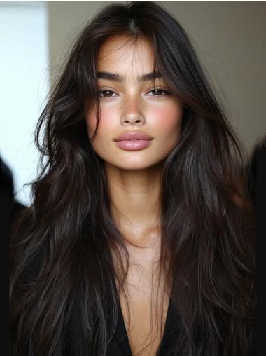 Long Black Wigs Layered 26" Remy Human Hair Straight Monofilament Wigs