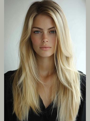 Long Blonde Wigs Remy Human Hair Lace Front Layered 24" Straight Wigs