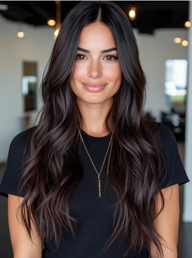 Long Black Wigs Without Bangs 28" Remy Human Hair Wavy Lace Front Wigs