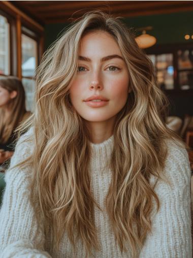Long Wigs Human Hair Wavy Without Bangs Blonde Lace Front 24" Wigs