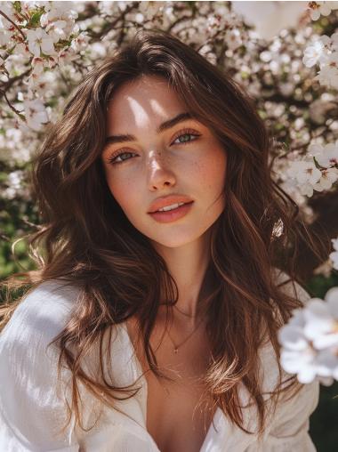 Long Brown Wig 18" Lace Front Remy Human Hair Wavy Layered Wigs