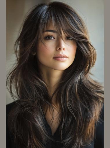 Long Wigs With Bangs Monofilament Remy Human Hair 22" Wavy Black Wigs