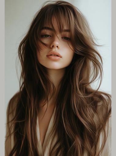 Long Wigs With Bangs Monofilament Synthetic 26" Straight Brown Wigs