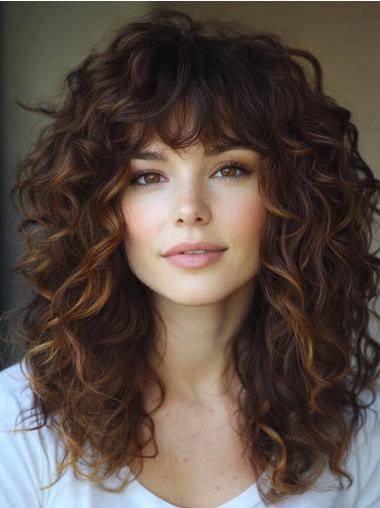 Long Curly Wigs Brown Remy Human Hair 18" Lace Front With Bangs Wigs