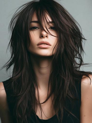 Long Black Wigs Layered 22" Remy Human Hair Straight Lace Front Wigs