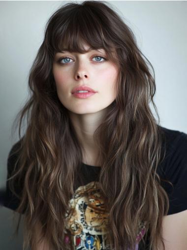 Long Wig With Bangs Monofilament 26" Brown Synthetic Wavy Wigs