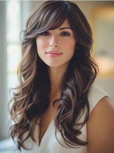 Long Wig With Bangs Monofilament 24" Ombre/2 Tone Remy Human Hair Wavy Wigs