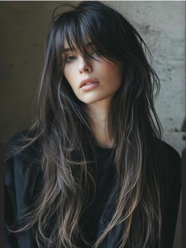 Long Black Wigs With Bangs 26" Remy Human Hair Straight Lace Front Wigs