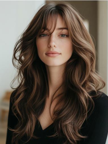 Long Wig With Bangs Lace Front 22" Brown Synthetic Wavy Wigs
