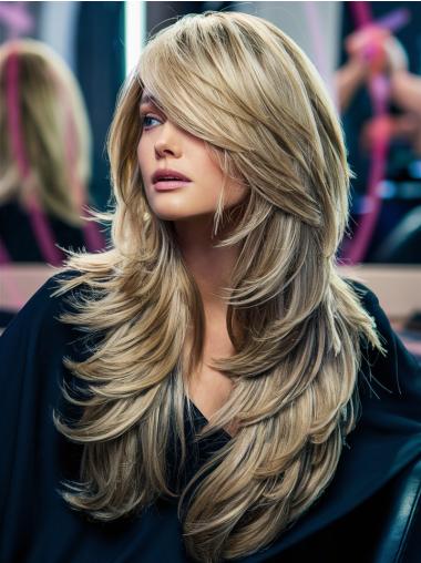 Long Wigs Human Hair Straight Layered Blonde Lace Front 26" Wigs