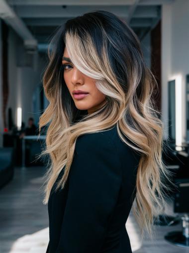 Wigs Long Layered 24" Remy Human Hair Ombre/2 Tone Lace Front Wigs