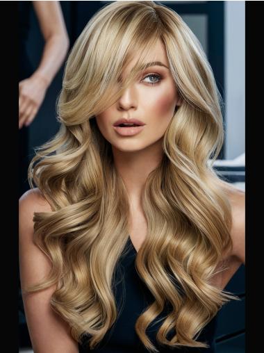 Human Hair Long Wigs Lace Front 24" Layered Wavy Blonde Wigs