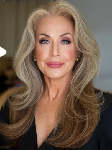 Human Hair Long Wigs Monofilament 20" Without Bangs Wavy Platinum Blonde Wigs