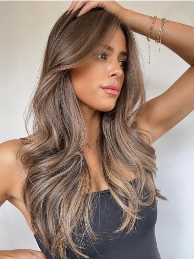 Human Hair Long Wigs Lace Front 24" Without Bangs Wavy Ombre/2 Tone Wigs