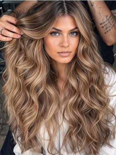 Long Curly Wigs Blonde Remy Human Hair 26" Monofilament Without Bangs Wigs