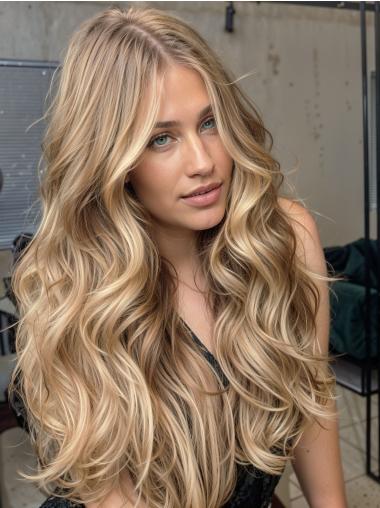 Long Haired Wigs Lace Front Without Bangs Remy Human Hair 26" Blonde Wavy Wigs