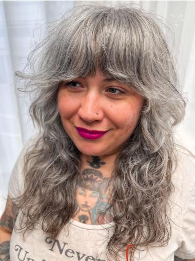 Long Hair Wigs With Bangs Grey Wavy 20" Monofilament Wigs