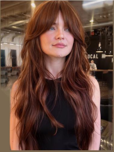 Long Straight Human Hair Wigs Layered Auburn Lace Front 28" Wigs