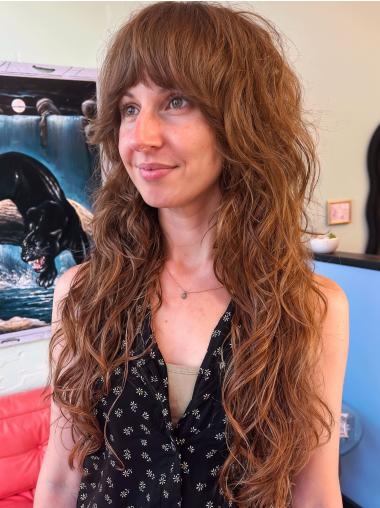 Long Hair Wigs With Bangs Copper Wavy 26" Monofilament Wigs