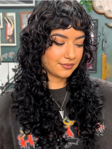 Long Curly Wigs Black Remy Human Hair 24" Monofilament With Bangs Wigs