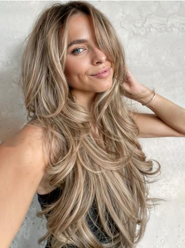 Long Wavy Wigs Layered Synthetic Blonde 28" Monofilament Wigs