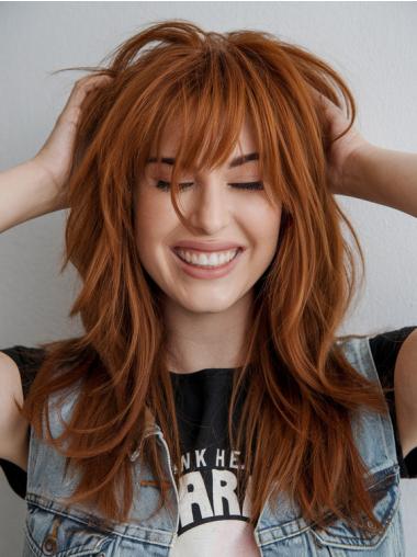 Long Straight Human Hair Wigs With Bangs Auburn Lace Front 18" Wigs