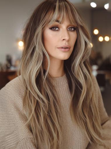 Long Straight Human Hair Wigs With Bangs Ombre/2 Tone Monofilament 26" Wigs