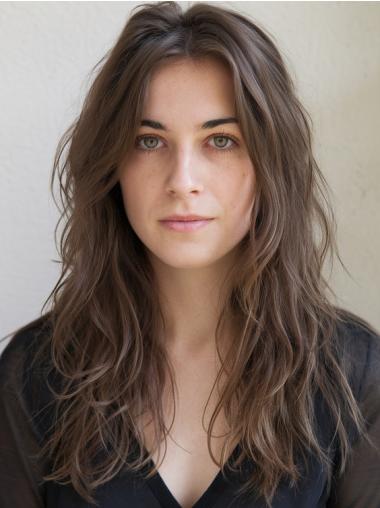 Long Brown Wigs 20" Without Bangs Remy Human Hair Wavy Monofilament Wigs
