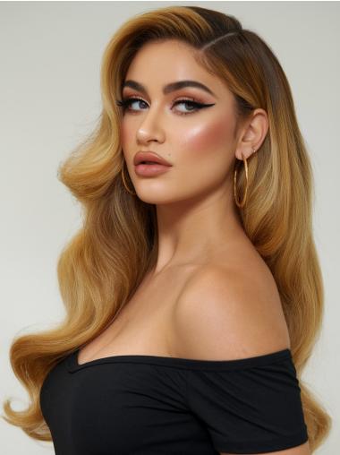 Long Human Hair Wig Lace Front Blonde Without Bangs Wavy 24" Wigs