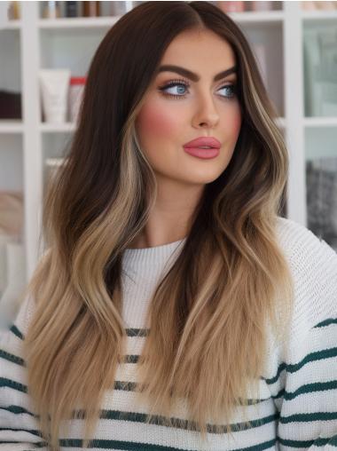 Long Real Hair Wigs 24" Without Bangs Monofilament Ombre/2 Tone Straight Wigs