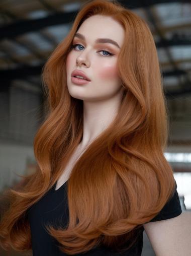 Long Real Hair Wigs 26" Without Bangs Lace Front Copper Straight Wigs