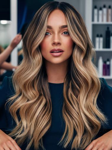 Long Real Hair Wigs 24" Without Bangs Lace Front Ombre/2 Tone Wavy Wigs
