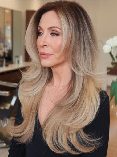 Long Blonde Human Hair Wig Monofilament Layered 24" Wavy Wigs