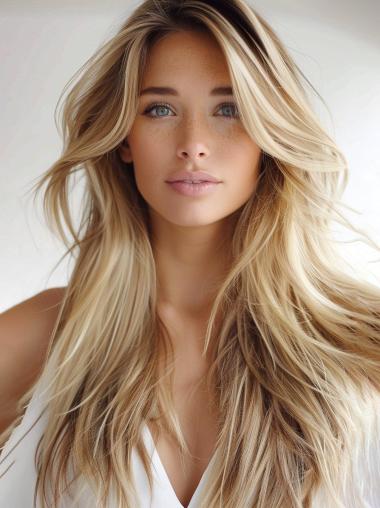 Blonde Long Wig 26" Synthetic Layered Lace Front Straight Wigs