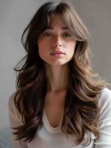 Real Hair Wigs Long Brown Layered 24" Lace Front Wavy Wigs