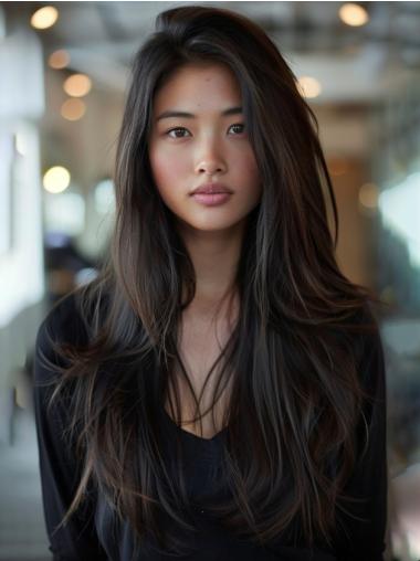 Long Black Hair Wig Straight Lace Front Without Bangs 24" Wigs