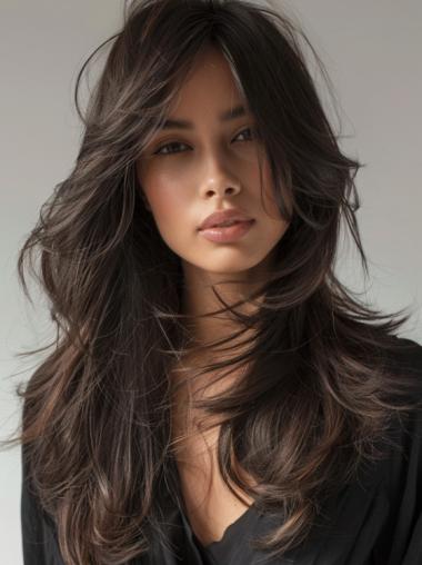 real hair wigs long Monofilament Black 20" Layered Straight Wigs