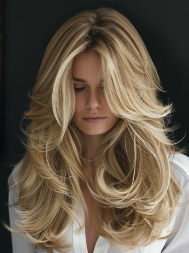 Blonde Long Wig Lace Front Wavy Layered 22" Remy Human Hair Wigs