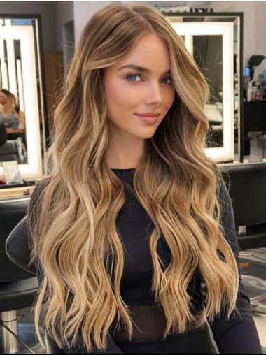 Long Blonde Human Hair Wig 28" Without Bangs Lace Front Wavy Wigs
