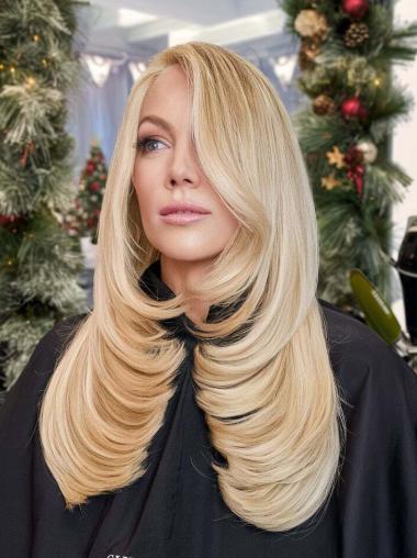 Long Blonde Human Hair Wig 22" Layered Lace Front Straight Wigs