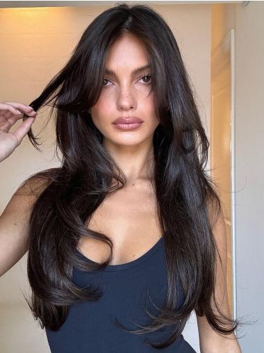 Black Wigs Long Layered 26" Monofilament Remy Human Hair Straight Wigs