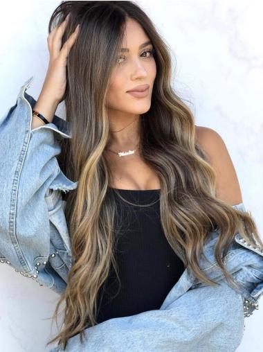 Real Hair Wigs Long Wavy Without Bangs Ombre/2 Tone Lace Front 28" Wigs