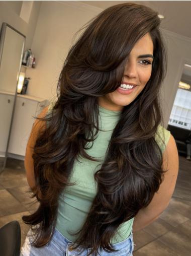 Black Wigs Long Layered 28" Monofilament Remy Human Hair Wavy Wigs