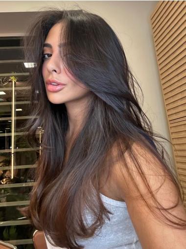 Long Straight Wig Synthetic Without Bangs Lace Front Black 24" Wigs