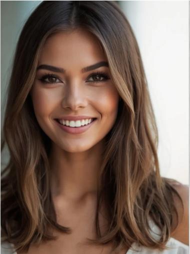 Wigs Human Hair Long 18" Without Bangs Brown Straight Monofilament Wigs